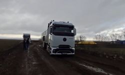 Kars'ta yem ve gübre yüklü tır köy yolunda mahsur kaldı