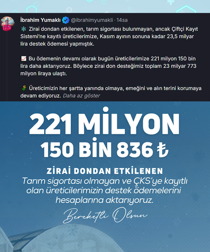 Bakan Yumaklı Duyurdu: Zirai Dondan Etkilenen Üreticilere 221 Milyon Liralık Yeni Destek