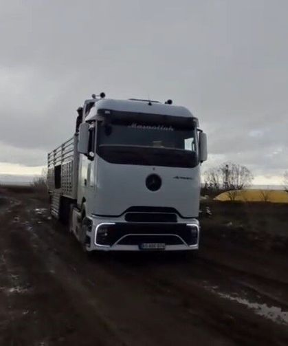 Kars'ta yem ve gübre yüklü tır köy yolunda mahsur kaldı