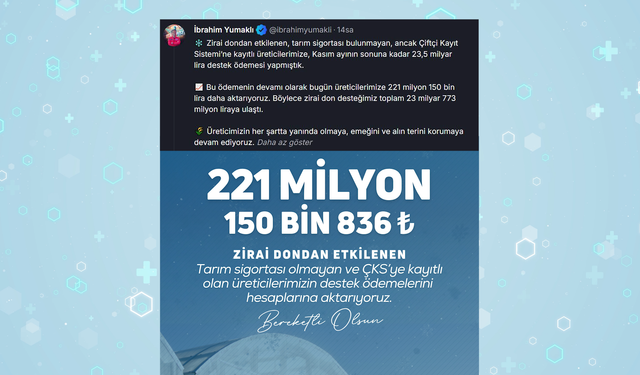 Bakan Yumaklı Duyurdu: Zirai Dondan Etkilenen Üreticilere 221 Milyon Liralık Yeni Destek