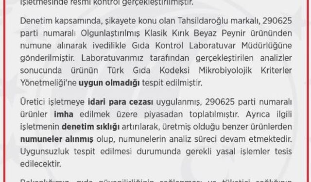 Bakanlıktan peynir denetimi açıklaması: Toplatıldı ve ceza kesildi!